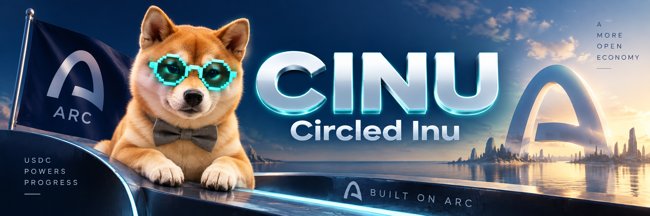 Circled Inu on Arc Chain banner: Shiba with cyan glasses beside CINU wordmark and Arc architecture